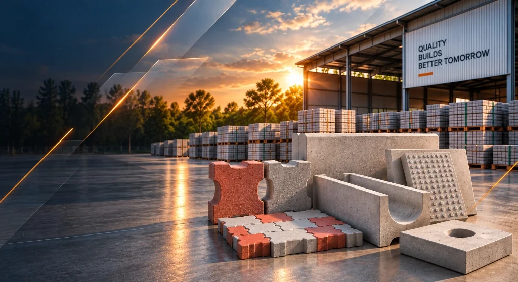 Concrete pavers and precast drainage products displayed in a manufacturing yard